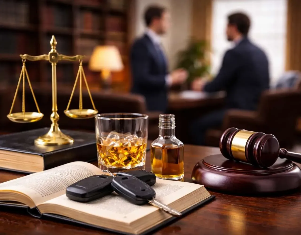 car keys and a whiskey glass on a law office desk beside a gavel and scales of justice, with a lawyer meeting a client in the background.